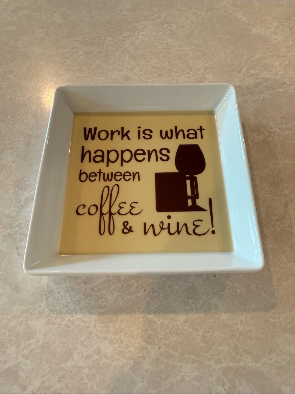 Ceramic Trinket Dish - White & creamy yellow color 'Coffee & Wine' Accent